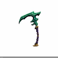 Green Crystal Bladed Weapon With Purple Wrapped Handle And Golden Base