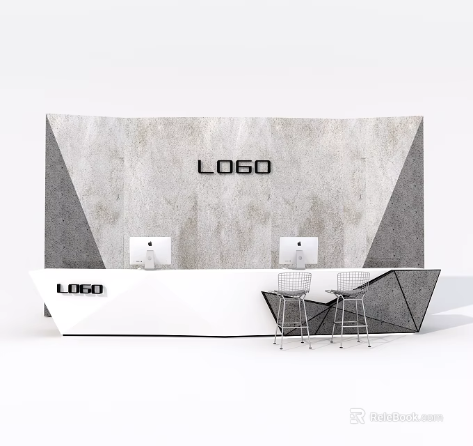 Modern White Reception Desk With LOGO Backdrop Computer Monitors And Chairs 3d model