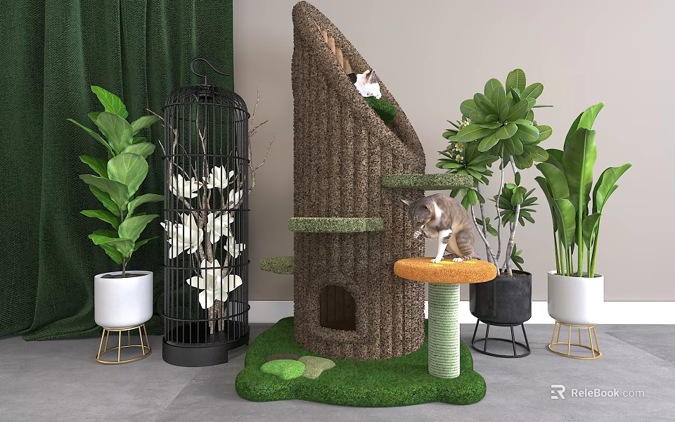 Cat Tree With Plants For Home Decoration 3d model