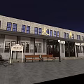 Traditional Railway Station Building At Night With Square Benches Street Lamps And Carriage