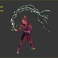 Fantasy Game Character In Red Yellow Black Outfit With Topknot Hairstyle Casting Blue Lightning Effects