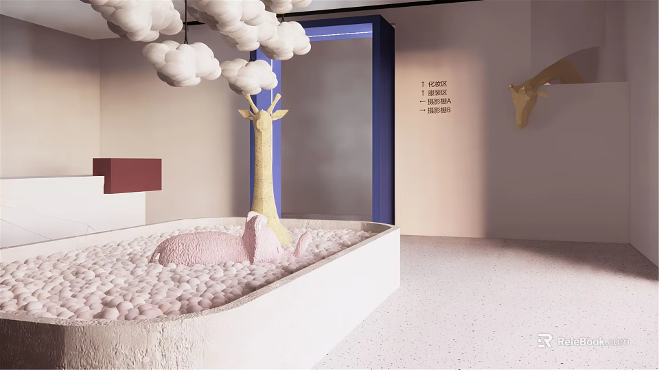 Playful Indoor Space With Hanging Clouds Giraffe Sculpture Pink Ball Pit And Blue Door Frame 3d model 