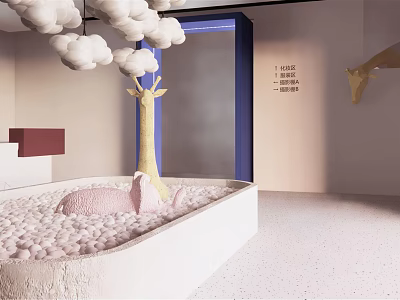 Playful Indoor Space With Hanging Clouds Giraffe Sculpture Pink Ball Pit And Blue Door Frame 3d model