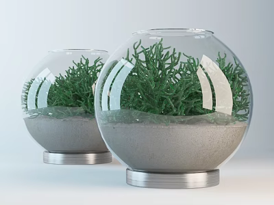 Decorative Ornament Set with Transparent Glass Spheres Green Plants Sand and Silver Bases 3d model