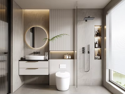 Modern Bathroom Interior With Round Mirror Wall Mounted Vanity White Toilet And Shower Area 3d model