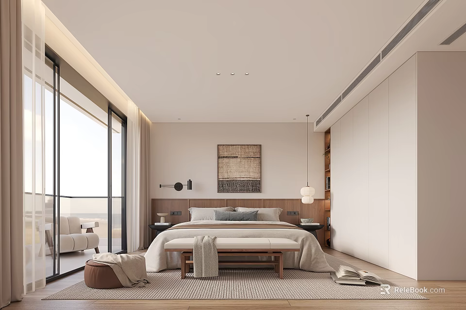 Modern Bedroom Interior Design With Large Bed Wall Art And Floor to Ceiling Windows 3d model 
