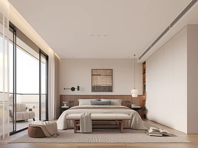Modern Bedroom Interior Design With Large Bed Wall Art And Floor to Ceiling Windows 3d model