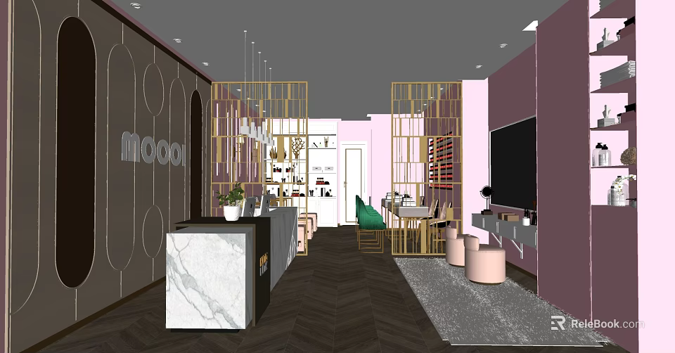 Modern Beauty and Hair Salon Interior With Marble Counter Golden Frames and Pink Purple Walls 3d model 