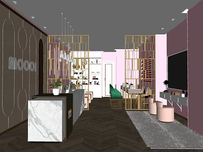 Modern Beauty and Hair Salon Interior With Marble Counter Golden Frames and Pink Purple Walls 3d model