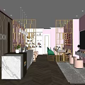Modern Beauty and Hair Salon Interior With Marble Counter Golden Frames and Pink Purple Walls