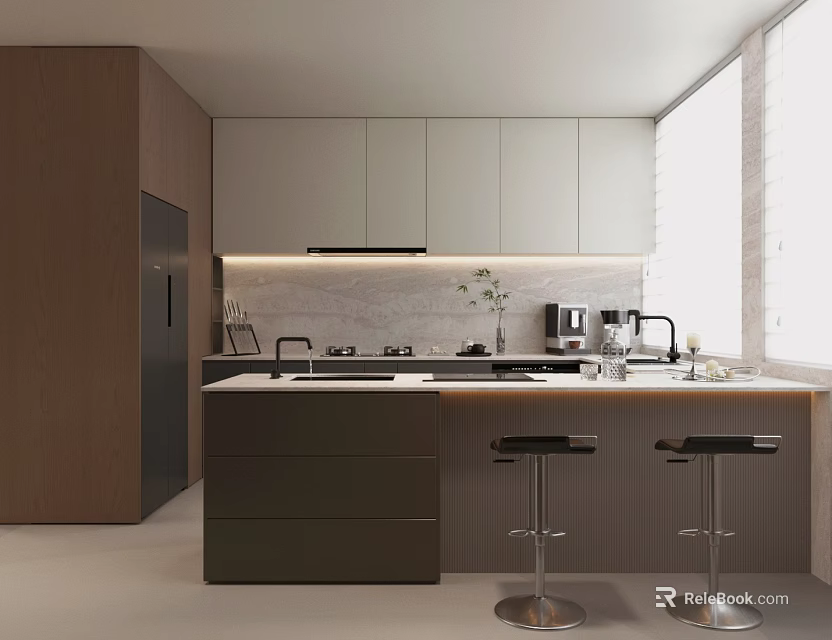 Modern Kitchen Interior Design With Island Counter Cabinets Bar Stools And Natural Light 3d model 