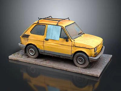 Old Yellow Small Car with Roof Rack Blue Cloth on Window Displayed on Platform 3d model