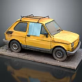 Old Yellow Small Car with Roof Rack Blue Cloth on Window Displayed on Platform