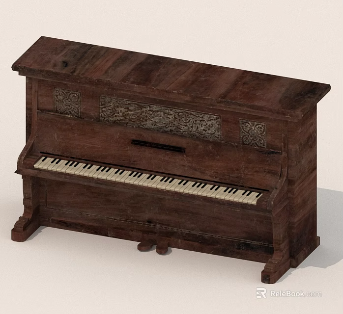 Vintage Wooden Piano With Ornate Carved Details And Classic White Keys 3d model 