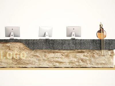Modern Reception Desk With Three Computer Monitors Fragrance Bottle Stone Countertop And Logo 3d model