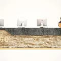 Modern Reception Desk With Three Computer Monitors Fragrance Bottle Stone Countertop And Logo