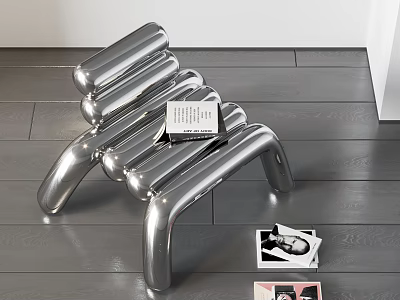 Modern Silver Metal Leisure Chair With Unique Tubular Design On Dark Wooden Floor And Books 3d model