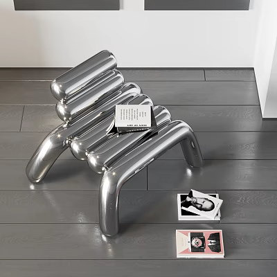 Modern Silver Metal Leisure Chair With Unique Tubular Design On Dark Wooden Floor And Books 3d model