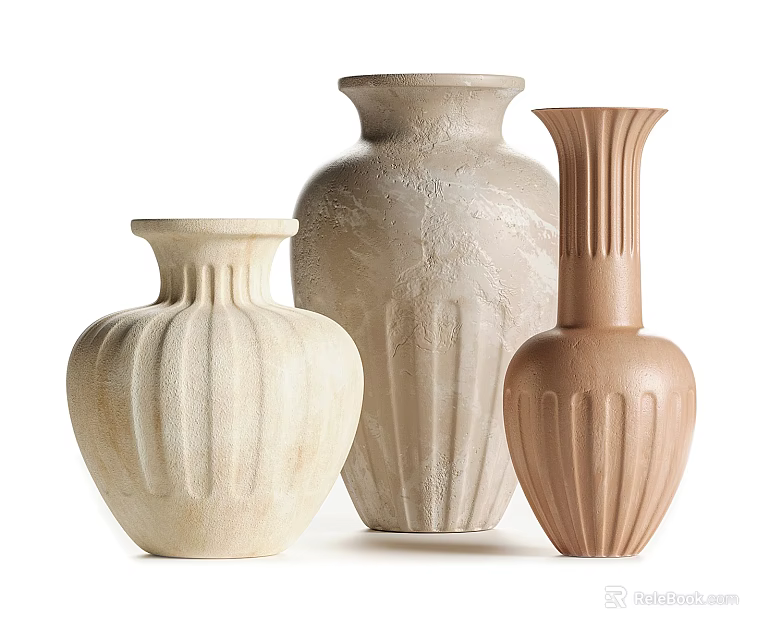 Three Textured Ceramic Vases In Beige Light Gray And Brown Tones With Ribbed Design 3d model 