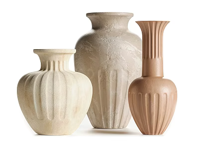 Three Textured Ceramic Vases In Beige Light Gray And Brown Tones With Ribbed Design 3d model