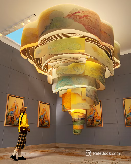 Cultural Art Gallery Interior Featuring Large Suspended Spiral Art Installation And Wall Paintings 3d model 