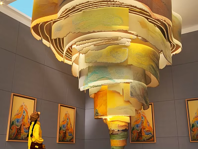 Cultural Art Gallery Interior Featuring Large Suspended Spiral Art Installation And Wall Paintings 3d model