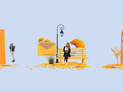 Yellow Themed Photo Check in Spot With Bench Envelope Decor And Street Lamp 3d model