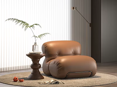 Brown Leather Cozy Leisure Chair With Round Side Table Green Plant White Blinds Floor Lamp 3d model