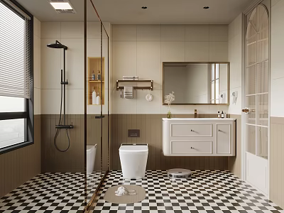 Stylish Retro Bathroom With Black White Checkerboard Tile Floor Floating Vanity And Glass Shower Partition 3d model