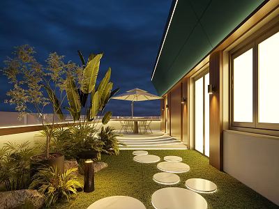 Roof Garden Design Featuring Green Lawn Circular Stepping Stones Outdoor Plants Umbrella And Warm Lighting 3d model
