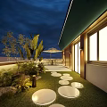 Roof Garden Design Featuring Green Lawn Circular Stepping Stones Outdoor Plants Umbrella And Warm Lighting