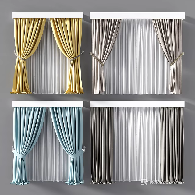 Various Color Fabric Curtains With Tieback Design For Home Interior Decor 3d model