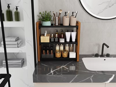 Modern Bathroom Set with Marble Countertop Storage Shelf and Bathroom Accessories Mirror and Towels 3d model