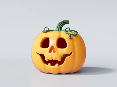 Art Installation Featuring Orange Pumpkin With Smiling Skull Face And Green Vine 3d model