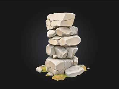 Natural Stacked Stones Structure With Wooden Base And Decorative Green Leaves 3d model