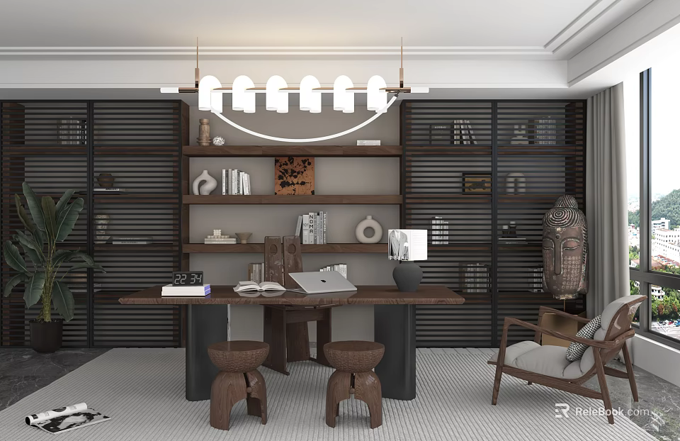 Modern Study Room Interior With Wooden Bookshelves Long Table Modern Chandelier And Indoor Plant 3d model 