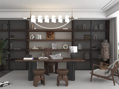Modern Study Room Interior With Wooden Bookshelves Long Table Modern Chandelier And Indoor Plant 3d model