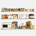 Organized Wooden Kitchen Shelves With Food Jars Fruits Utensils And Appliances