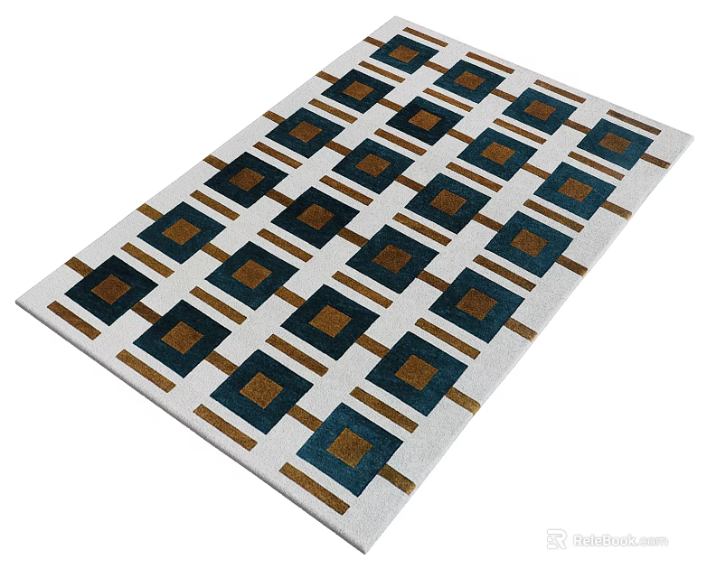 Modern Square Rug With Blue Brown Square Patterns And Gold Geometric Lines 3d model 