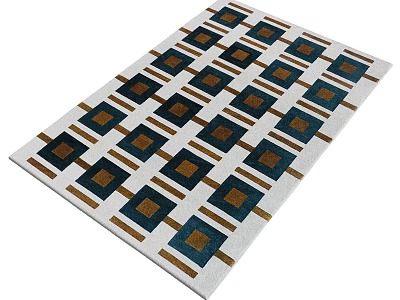 Modern Square Rug With Blue Brown Square Patterns And Gold Geometric Lines 3d model