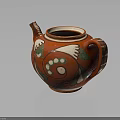 Decorative Wooden Shelf Displaying Red Ceramic Teapot With Colorful Patterns 3d model