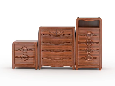 Three Wooden Chests of Drawers with Carved Details and Different Sizes 3d model
