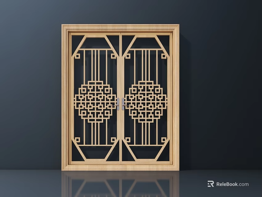 Double Casement Windows In Traditional Chinese Style With Wooden Frame And Geometric Patterns 3d model 