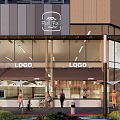 Modern Commercial Complex with Glass Facade Shop Fronts and Surrounding High Rise Buildings