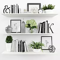 Books And Magazines On White Shelves With Green Plants Picture Frames And Decorative Items