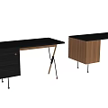 Modern Office Desk With Black Tabletop Wooden Cabinet And Metal Support Legs