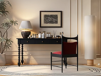 Black Dressing Table With Red Cushion Chair Cosmetic Bottles Lamp And Framed Painting 3d model