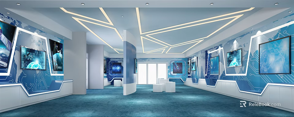 Modern Tech Exhibition Hall With Blue White Decor Geometric Ceiling Display Screens And Open Space 3d model