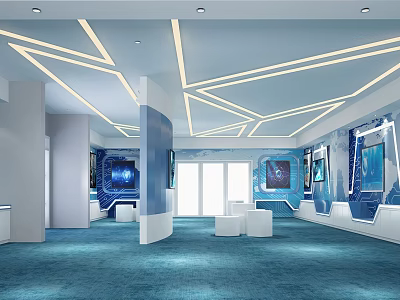 Modern Tech Exhibition Hall With Blue White Decor Geometric Ceiling Display Screens And Open Space 3d model