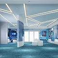 Modern Tech Exhibition Hall With Blue White Decor Geometric Ceiling Display Screens And Open Space 3d model
